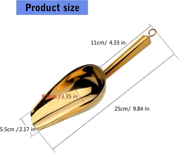 Stainless Steel Ice Scoop with Ergonomic Handle and Hook for Kitchen Bar and Versatile Use