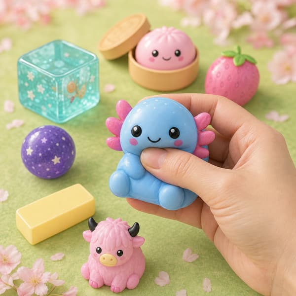 8-delt pastel squishy sensorisk legetøjssæt, søde dyr, mad, glimmer og terning stressaflastende fidget gaveæske