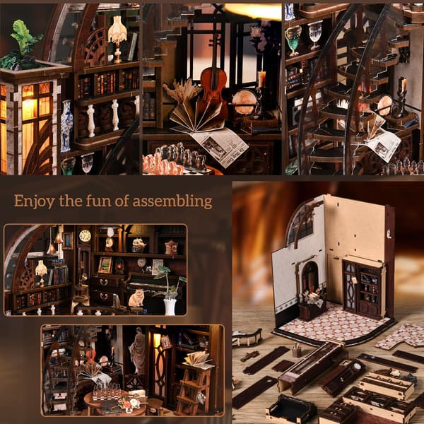 Book Nook Kit - DIY Miniature House for Adults and Teens, 3D Wooden Bookshelf Insert with LED Light, Bookshelf Decoration (Basque Study) Basque Study