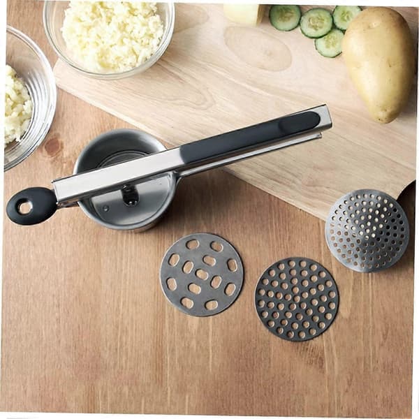 Stainless Steel Potato Masher with Ergonomic Silicone Handle and Interchangeable Discs for Smooth Mash