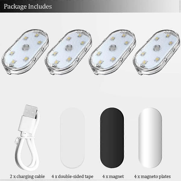 4-pakning LED-interiørbelysning til bil, 7 farger stemningsbelysning, USB-oppladbare LED-leselys