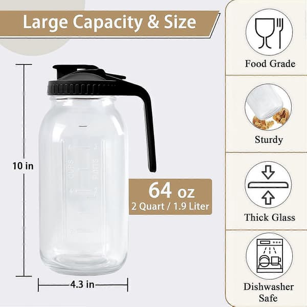 64oz Glass Pitcher with Lid, Large Mason Jar Pitcher for Iced Tea, Cold Brew Coffee, Leak-Proof Seal