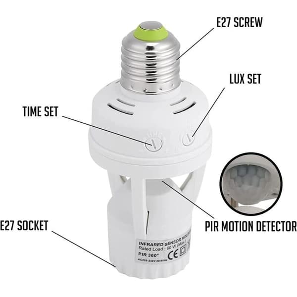 Socket with PIR motion sensor lamps with E27 socket for indoor use with time and light adjustment,