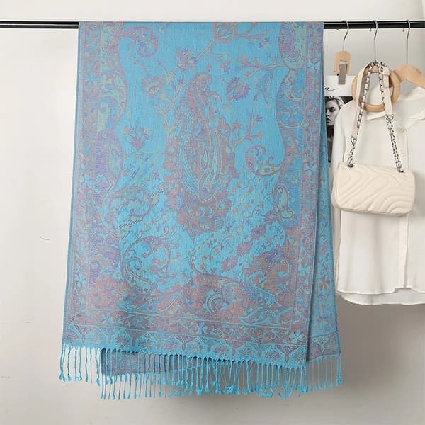 Kashmirsjal med paisleymönster, blå blomdesign och fransar. blå blue
