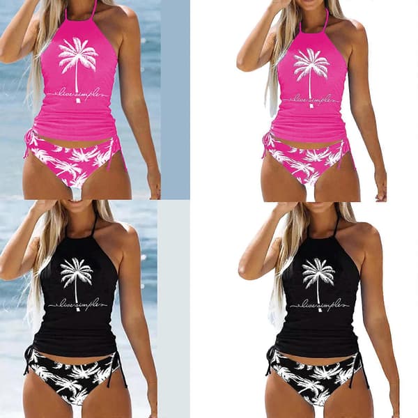 Women's High Neck Halter Tankini Set, Side Drawstring Tankini Top with Bikini Bottom, Two Piece Swimsuit, Blue M Blue M