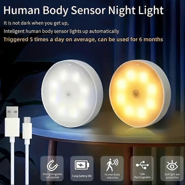 6-pack USB-uppladdningsbara LED-rörelsesensorlampor, LED-inomhusbelysning för garderob, batteridriven induktionsbelysning för hemmet, B