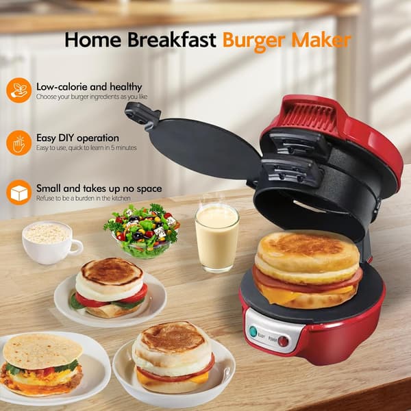 Electric Sandwich Maker, Muffin and Burger Machine, Toaster with Egg Ring and Non-Stick Baking Plate