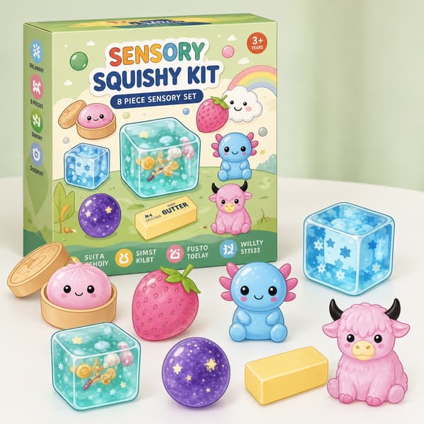 8-delt pastellfarget squishy sensorisk leketøysett, søte dyr, mat, glitter og kube stresslindrende fidget gaveeske