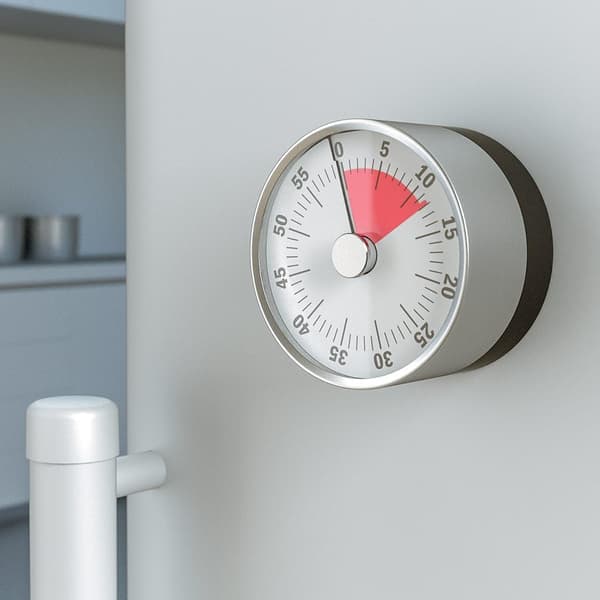 Mekanisk og magnetisk timer. Opptil 60 minutter. Lydsignal når tiden er ute.