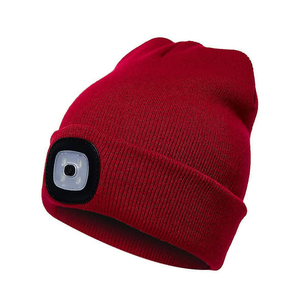 Lysende Beanie-lue Oppladbar Løpehatt Ultra Lys 4 LED Vanntett Hodelykt (Rød)