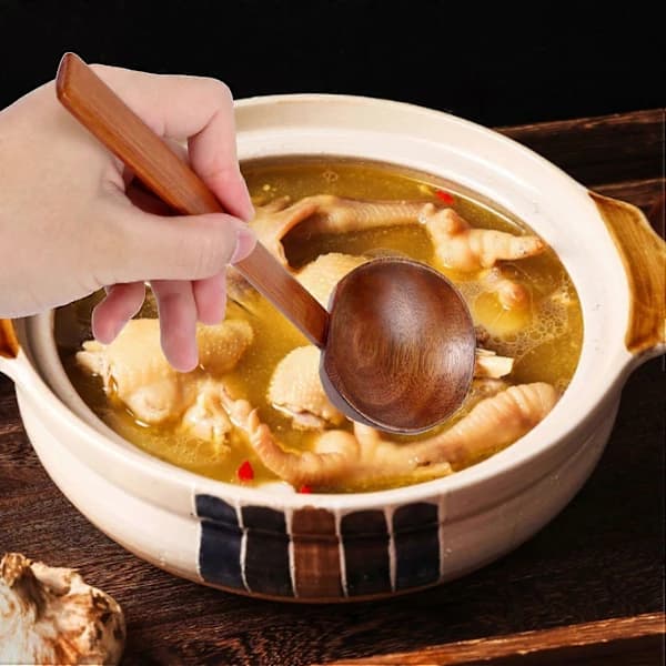 4 stk. japanske ramensupper-skeer med langt træhåndtag til nudler, ris og varm suppe, træbrun 21 cm