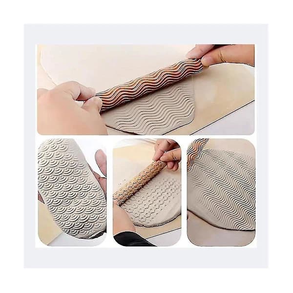 Newway 6 Wood Clay Modeling Pattern Rollers Kit, Clay Rolling Pin Textured Hand Roller Wood Handle Pottery Tools SetBY