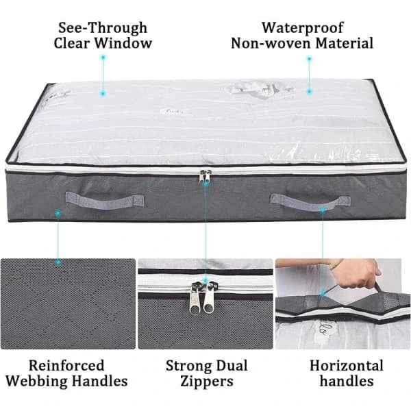 3-pack Under Bed Storage Bags, Foldable 75L Large Clothes Storage Containers with Clear Window and Handles, Grey