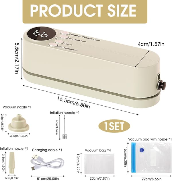 7-in-1 Portable Bag Sealer with 3 Speeds, Rechargeable Vacuum Sealer, Simple and Multifunctional Use (White)