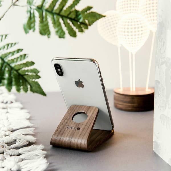Trætelefonholder - Universal smartphone- og tablet-holder i birk, træstativ (valnøddetræ, mørkebrun)