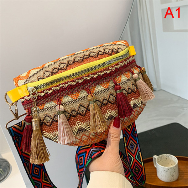 Weave Crossbody-väskor Kvinnliga Tofs Midjeväska Retro Läder Shou A1
