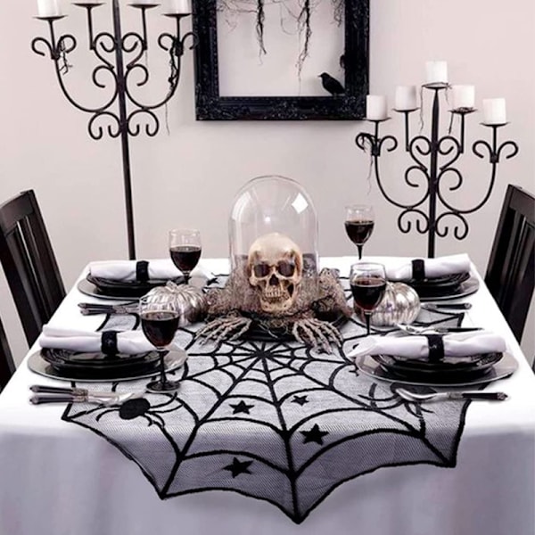 Halloween-koristepitsi hämähäkinverkko luuranko kallo pöytäliina C