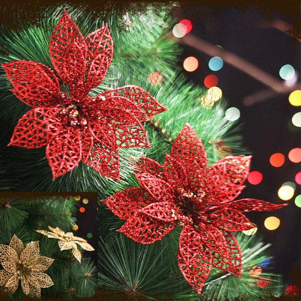 5 st Glitter Hollow Bröllopsfest Dekor Jul Blommor Xmas Red