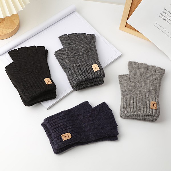 Stickade Tjocka Termiska Halvfingerhandskar Dam Herr Vinter Utomhus Navy blue
