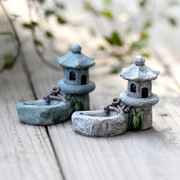 mini retro Pond Tower Resin hantverksfigurer för fe trädgårdsdekor