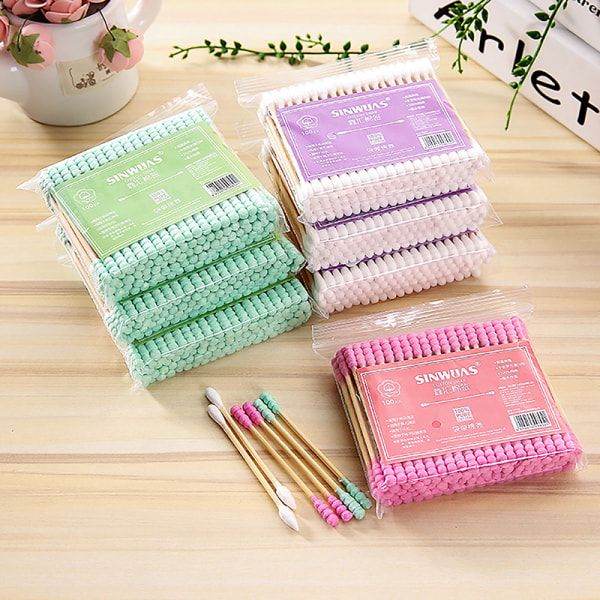 100 kpl Wooden Sticks Makeup Double Tip Sanitary Cotton Swab App Pink
