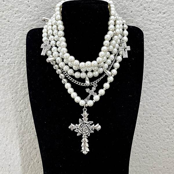 Fashion Personlig Flerskiktad Pärla Kors Hänge Halsband onesize