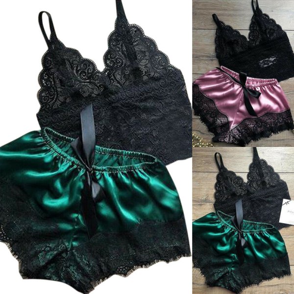 2kpl Naisten pitsiset yövaatteet Alusvaatteet Topit Shortsit Set Babydoll Pa Green XXL