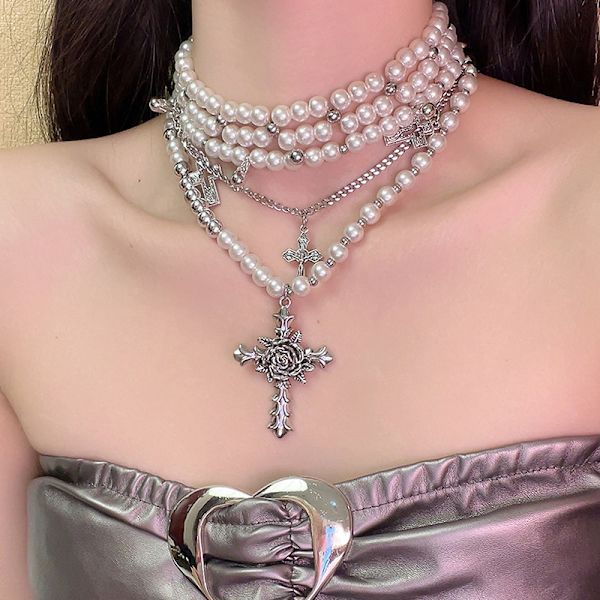 Fashion Personlig Flerskiktad Pärla Kors Hänge Halsband onesize