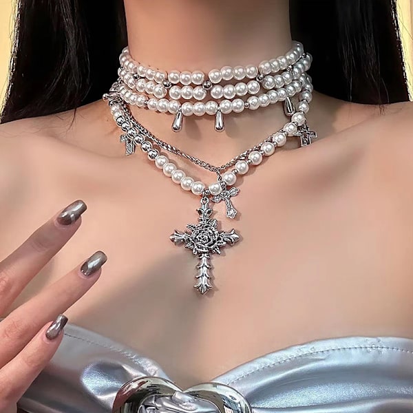 Fashion Personlig Flerskiktad Pärla Kors Hänge Halsband onesize