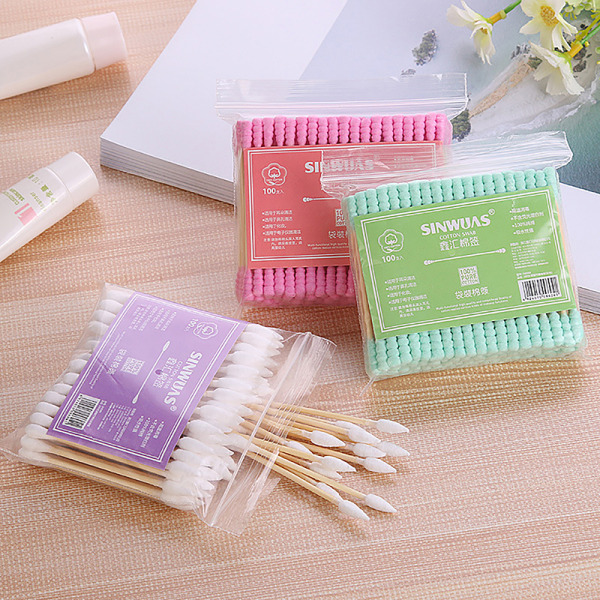 100 kpl Wooden Sticks Makeup Double Tip Sanitary Cotton Swab App Pink
