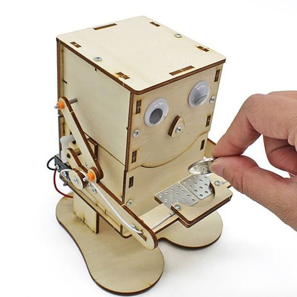 Robot, der spiser mønter, træ DIY-model, undervisning, læring, STEM-projekt one size