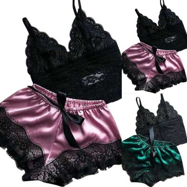 2kpl Naisten pitsiset yövaatteet Alusvaatteet Topit Shortsit Set Babydoll Pa Green XL