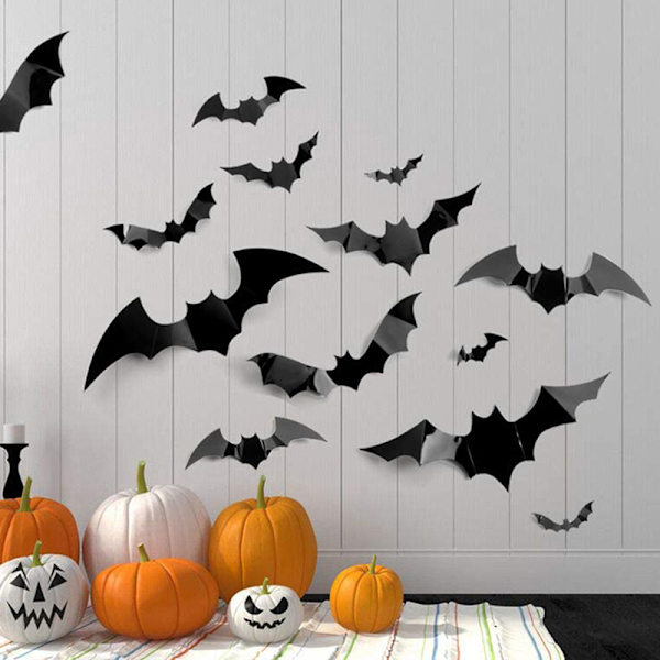 12 STK Halloween dekorasjon 3D svart PVC flaggermus Halloween Party De one size