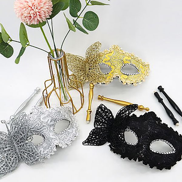 Halloween-festmaske med holder til aftenfest og maskeradebal Silver