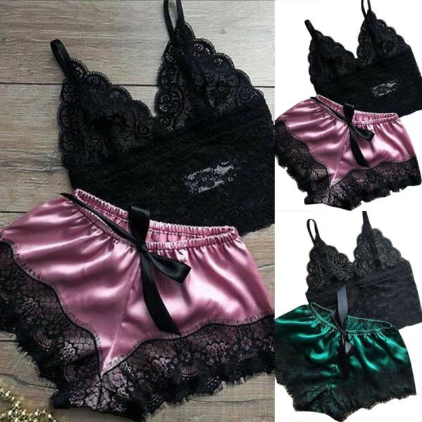 2kpl Naisten pitsiset yövaatteet Alusvaatteet Topit Shortsit Set Babydoll Pa Green S