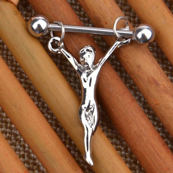 Kirurgisk Stål Mænd Form Nippel Bar Barbell Skjold Ring Krop Pi Silver One Size