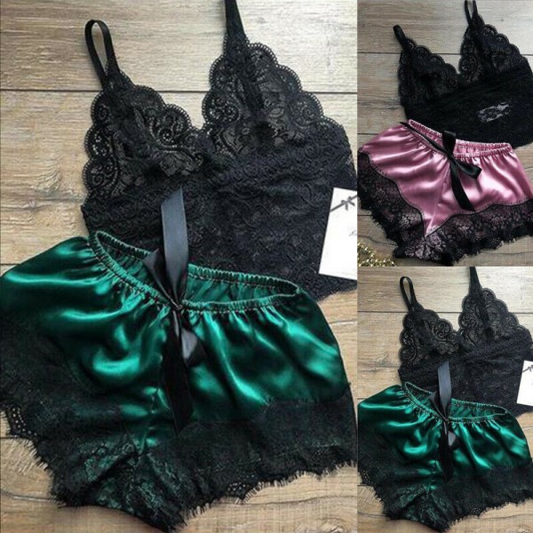 2kpl Naisten pitsiset yövaatteet Alusvaatteet Topit Shortsit Set Babydoll Pa Green L