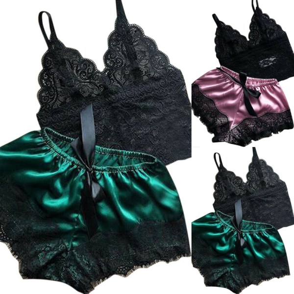 2kpl Naisten pitsiset yövaatteet Alusvaatteet Topit Shortsit Set Babydoll Pa Green S