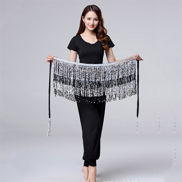 Dans Hip Kjol Paljetter Fringe Kjol Tofs Hip Scarf Rave Skir Black+Silver