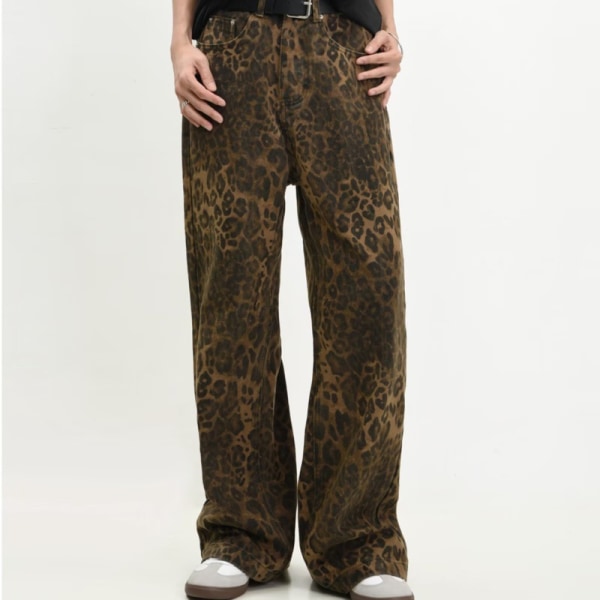 Rusketus Leopard Farkut Naiset Denim Housut Naisten Ylisuuret Leveä Lahkeet Tr leopard print M