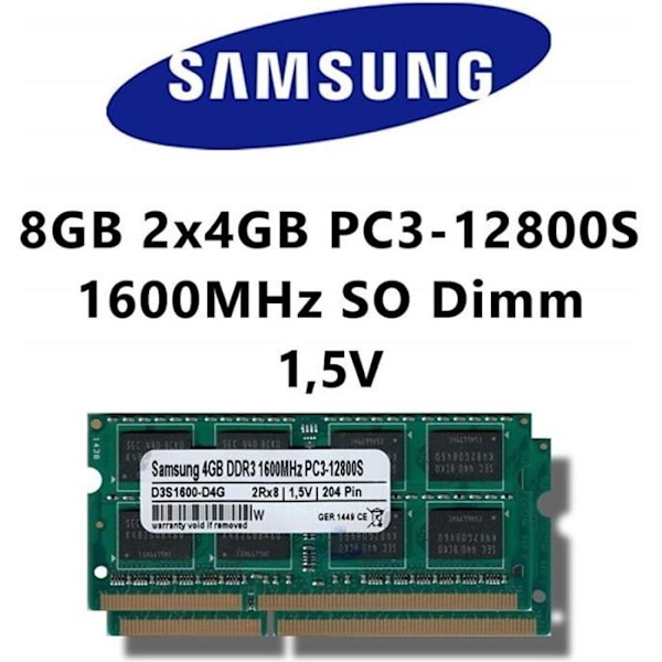 Samsung 8GB (2 x 4GB dual channel 1600MHz)-(PC3 12800S DDR3 SO-DIMM til bærbare computere og notebooks 1 RAM hukommelse