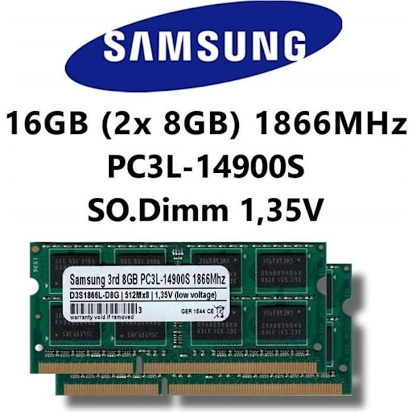 Samsung 16 GB (2 x 8 GB) DDR3 1866 MHz (PC3L Kit dual channel 14900s So DIMM lav spænding bærbar computer RAM Apple