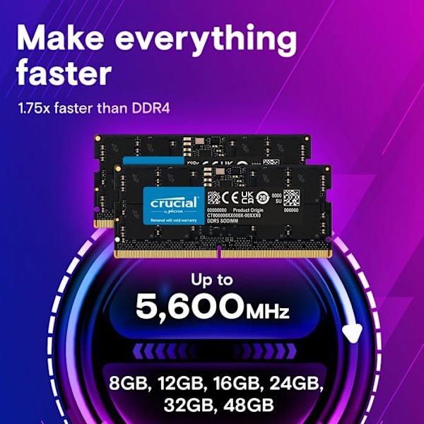 Muisti RAM - CRUCIAL - 48Gt - DDR5 - 5600MHz - SODIMM - Moniajo ja korkea suorituskyky