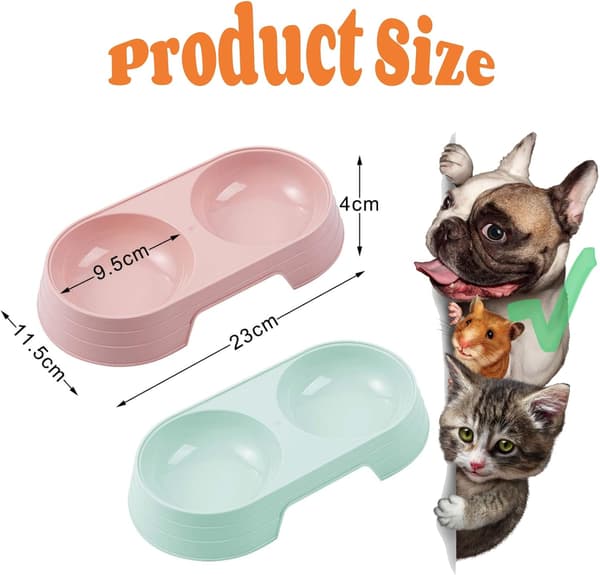Sett med 2 dobbeltveggede plastskåler for kattunger og valper – Multifunksjonelle mat- og vannskåler for katter og hunder (rosa + lyseblå)