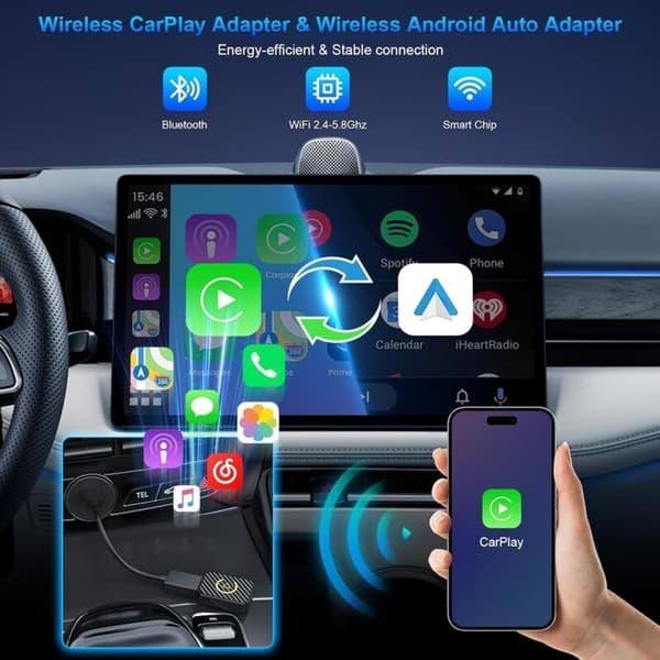 Trådløs CarPlay og trådløs Android Auto for iPhone. Trådløs Android Auto-adapter. Bluetooth 5.0 5G. Plug & Play. Automatisk tilkobling - Gull