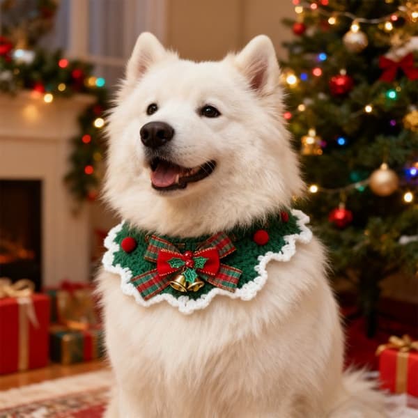 Strikket uld kæledyrshalsbånd, kat hund, festlig sløjfe, julepynt.