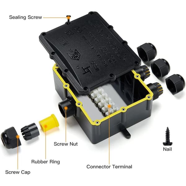 IP68 Vandtæt Udendørs Samledåse - 4-vejs Kabelforbindelse. Elektrisk Samledåse Stik til Kabler Ø 4 til 14mm. ABS + PVC