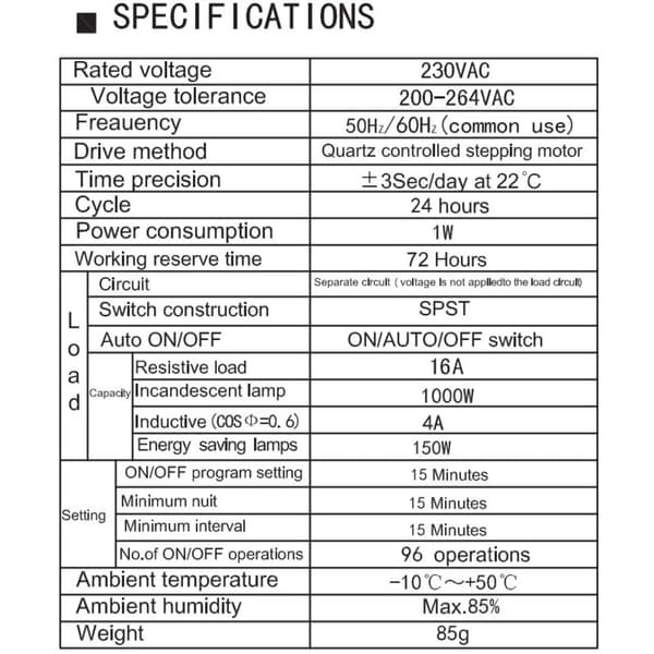 24-timers mekanisk timer – 15-minutters programmering – DIN-skinne montering – AC220-240V – Integreret Ni-MH batteri – 16A