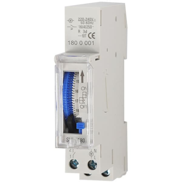 24-timmars mekanisk timer – 15-minuters programmering – DIN-skenmontering – AC220-240V – Integrerat Ni-MH-batteri – 16A
