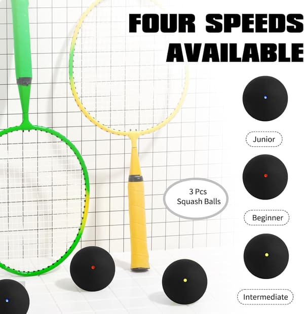 3 squashbolde (gule/røde/blå prikker), pro-gummi til begyndere til elite-spil.